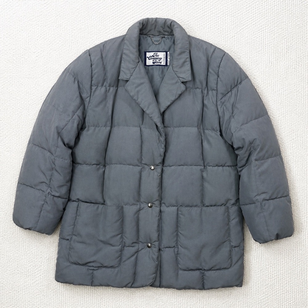 The Company Store Vintage Gray Down Puffer Coat Quilted Mid Length Jacket Mens L